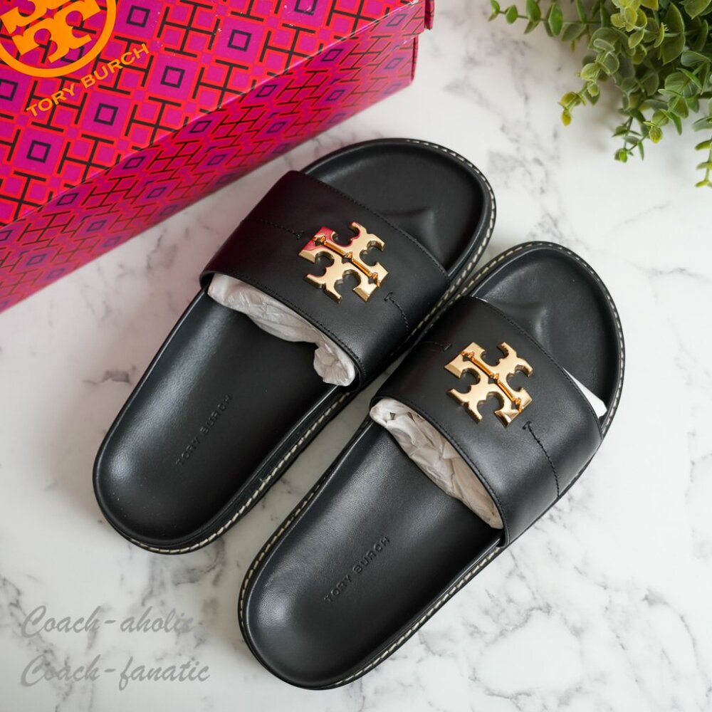 NIB Tory Burch Everly Anatomic Lug Nappa Leather Slide Sandal in Black